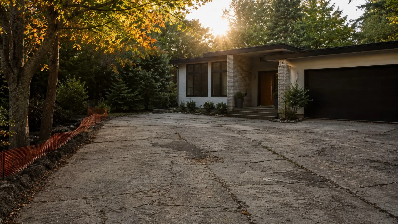 Ai driveway concrete, a cracked concrete driveway ready for removal (visualization)